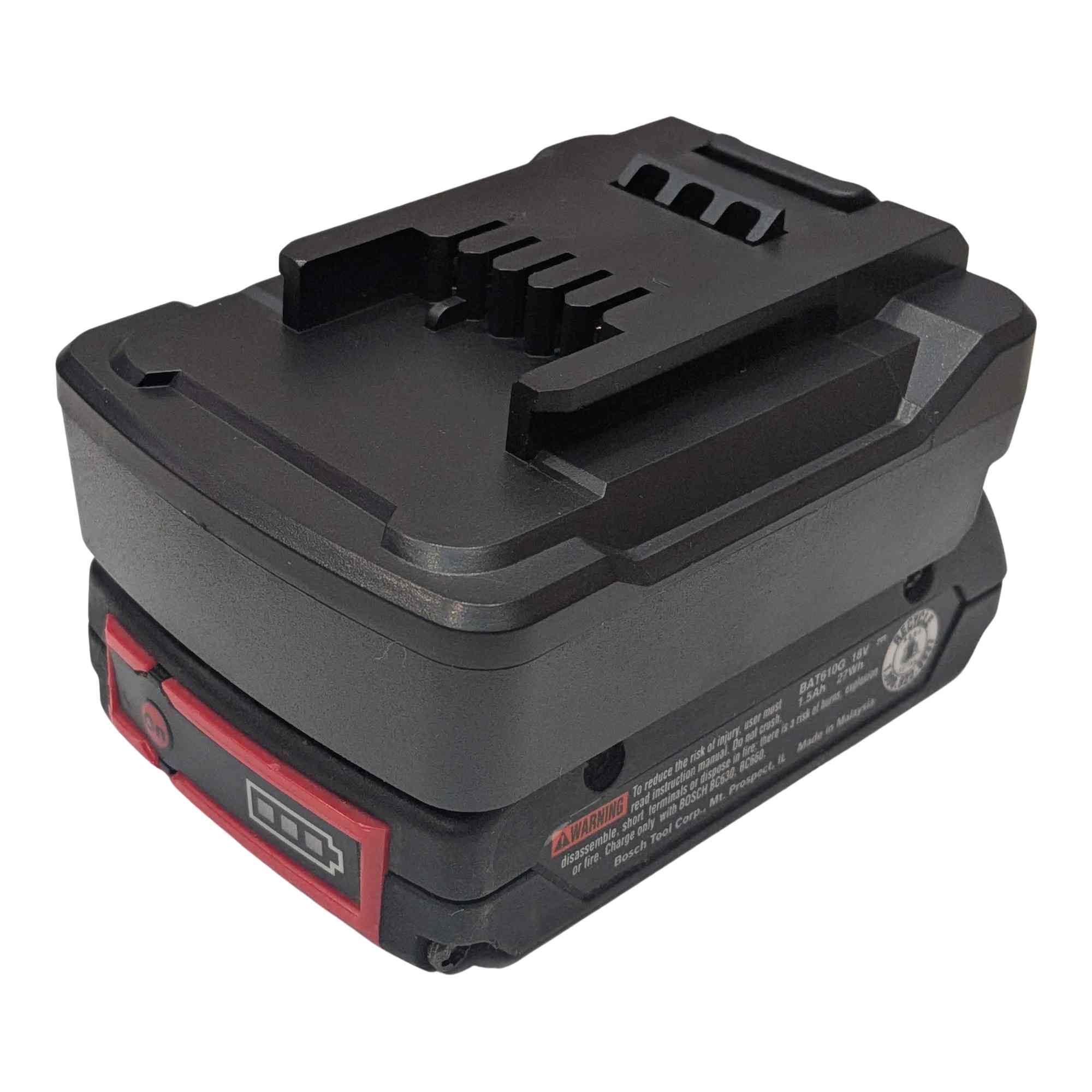Bosch 18V GBA (Blue) to Ozito 18V PXC battery adapter - fitted to the Bosch 18V GBA (Blue) battery, tool-side plateau upward