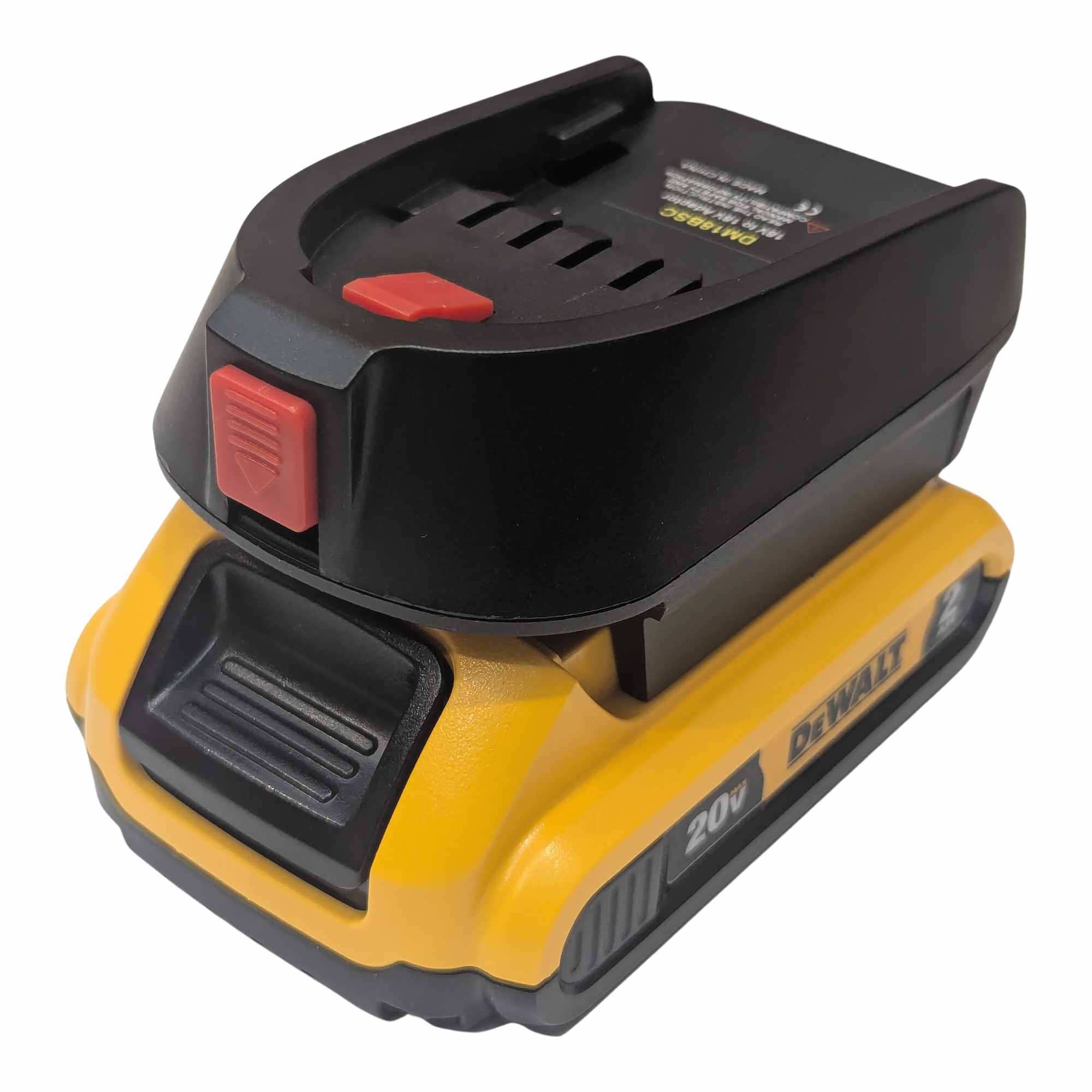 DeWalt 20V MAX to Bosch 18V PBA (Green) battery adapter - fitted to the DeWalt 20V MAX battery, tool-side contact block