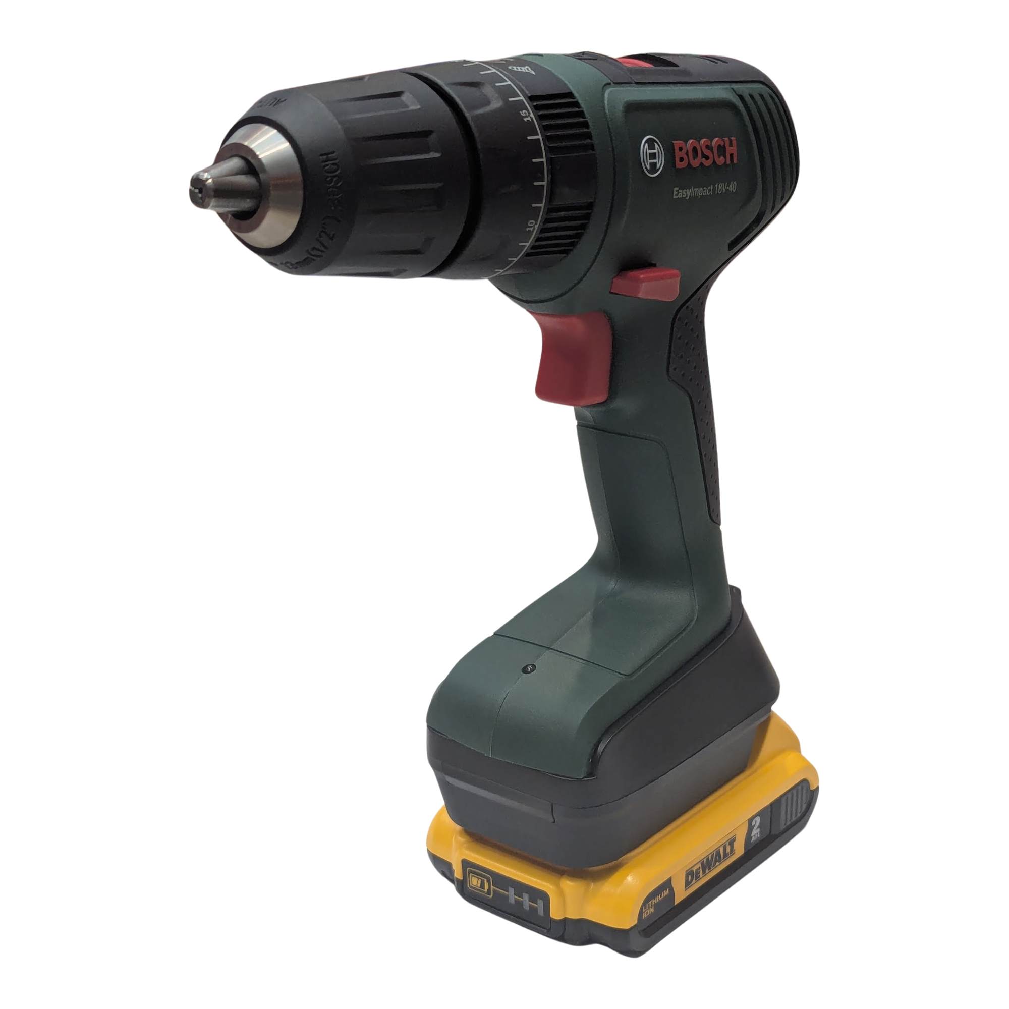 DeWalt 20V MAX to Bosch 18V PBA (Green) battery adapter - installed on a drill driver above the battery