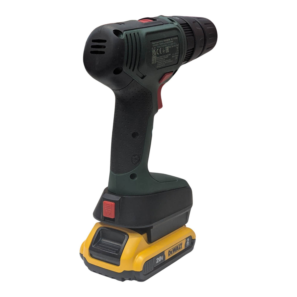 DeWalt 20V MAX to Bosch 18V PBA (Green) battery adapter - installed on a drill driver above the battery
