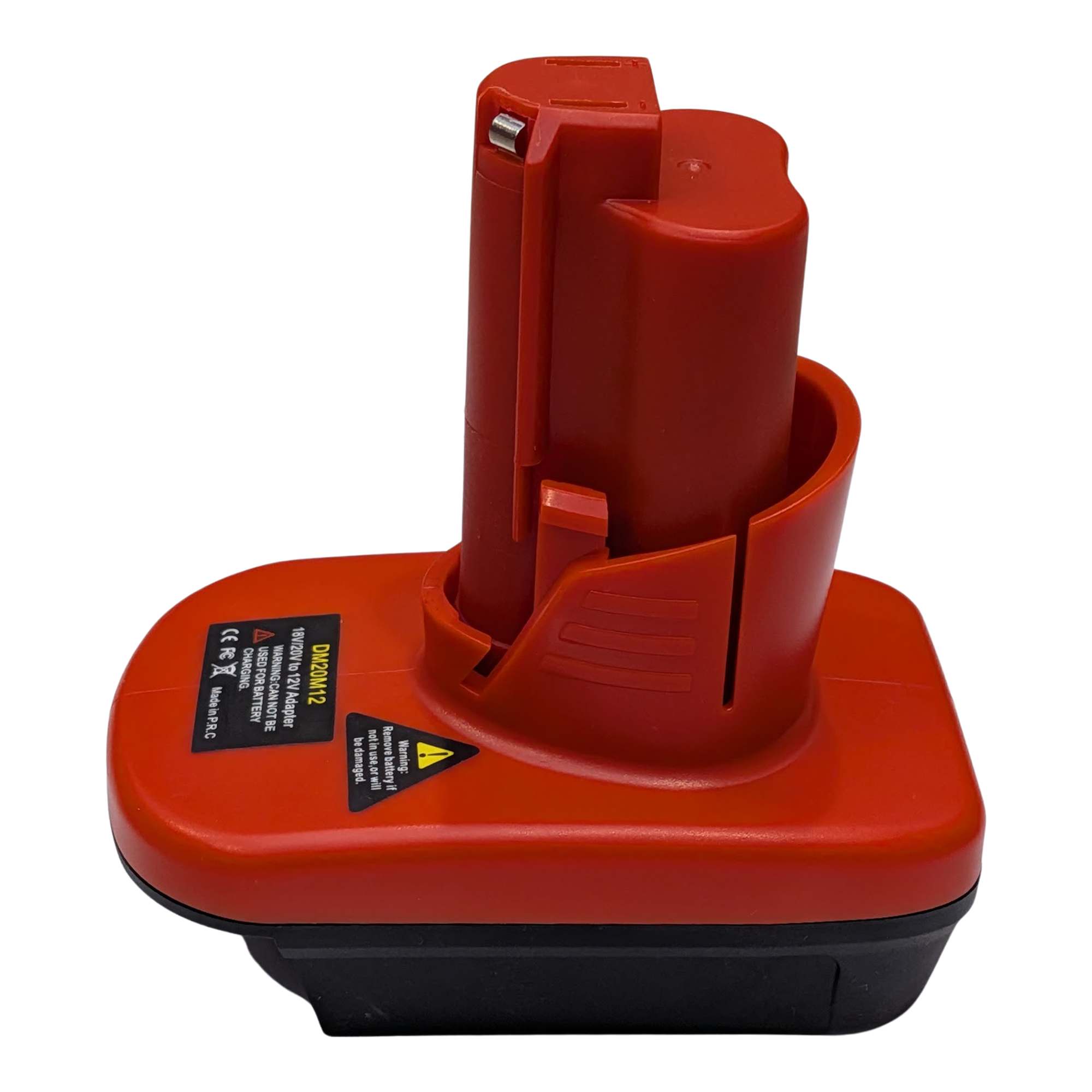 DeWalt 20V MAX to Milwaukee M12 battery adapter - side view, tool-side stem with its rail groove above the black base