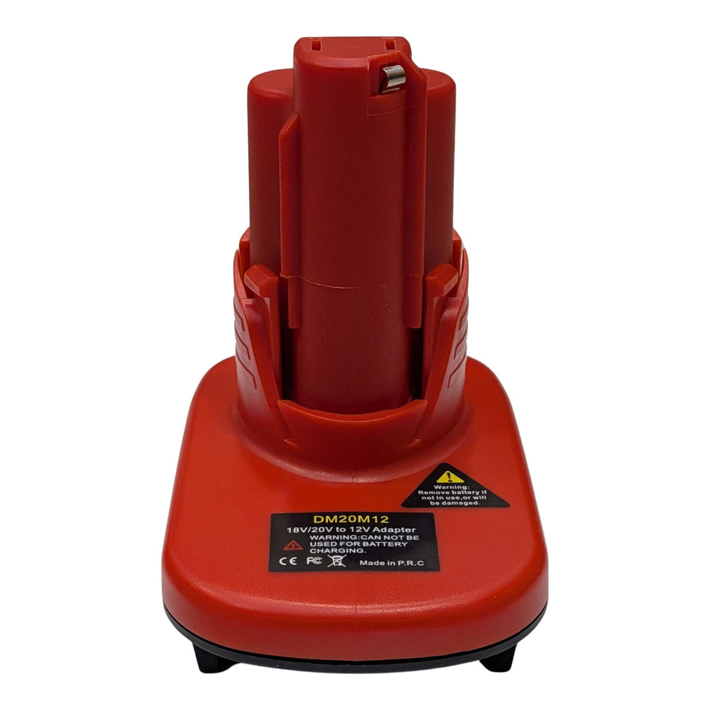 DeWalt 20V MAX to Milwaukee M12 battery adapter - front view, tool-side stem with its side rails and printed label