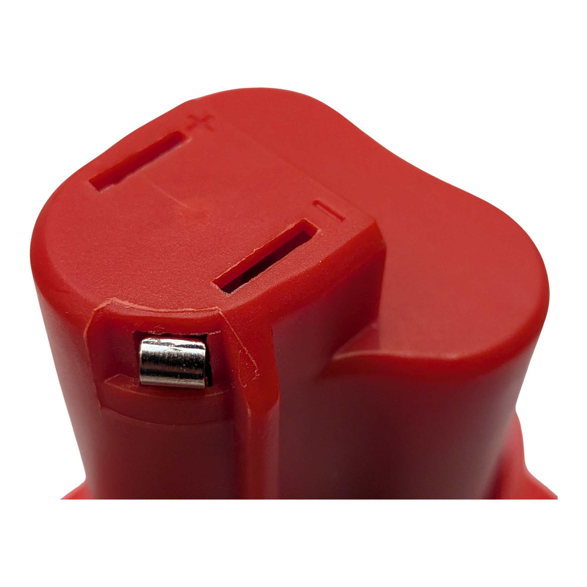 DeWalt 20V MAX to Milwaukee M12 battery adapter - close-up of the Milwaukee tool-side stem, slots with moulded + and - marks