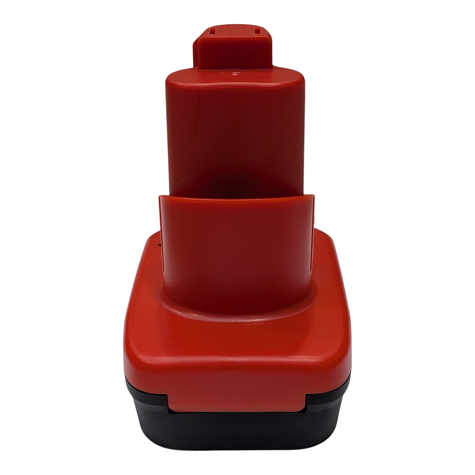 DeWalt 20V MAX to Milwaukee M12 battery adapter - rear view, red tool-side stem above the black base