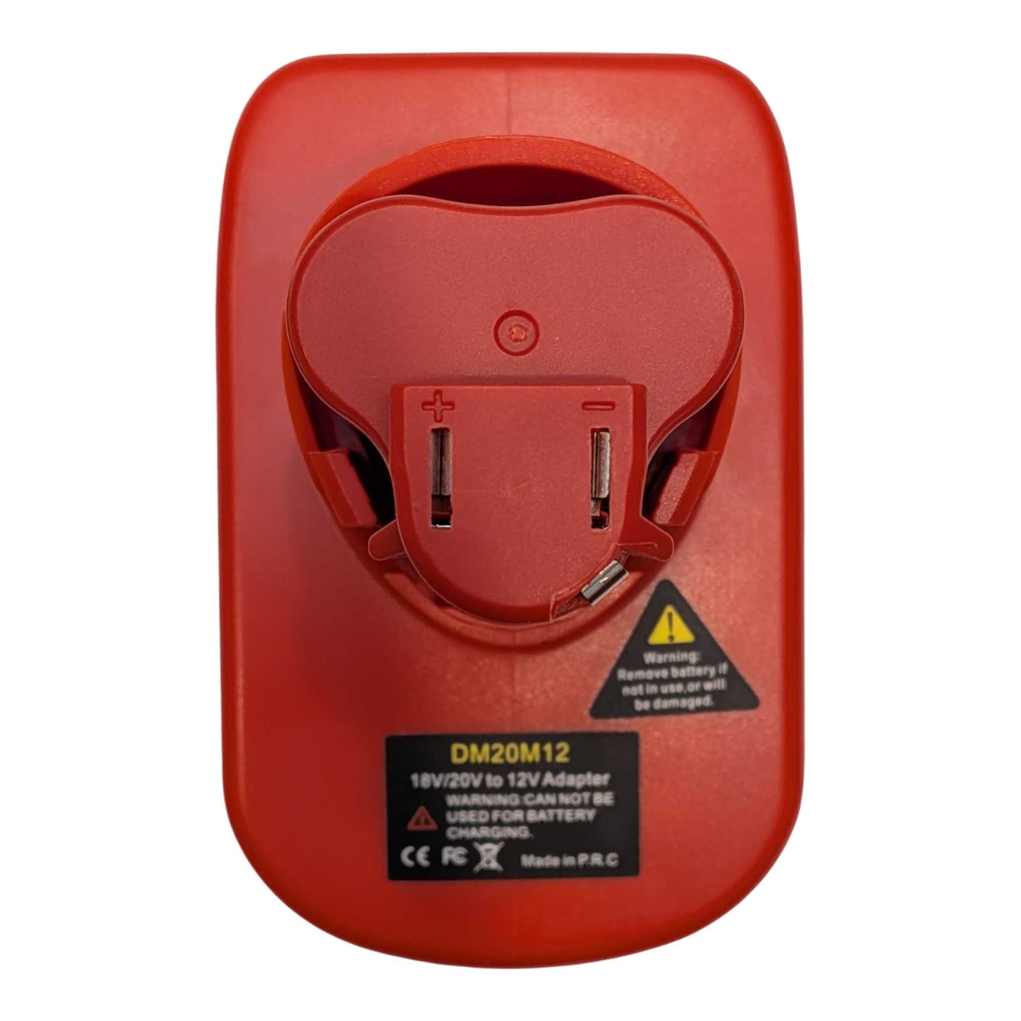 DeWalt 20V MAX to Milwaukee M12 battery adapter - Milwaukee tool-side connection from above, slots marked + and -
