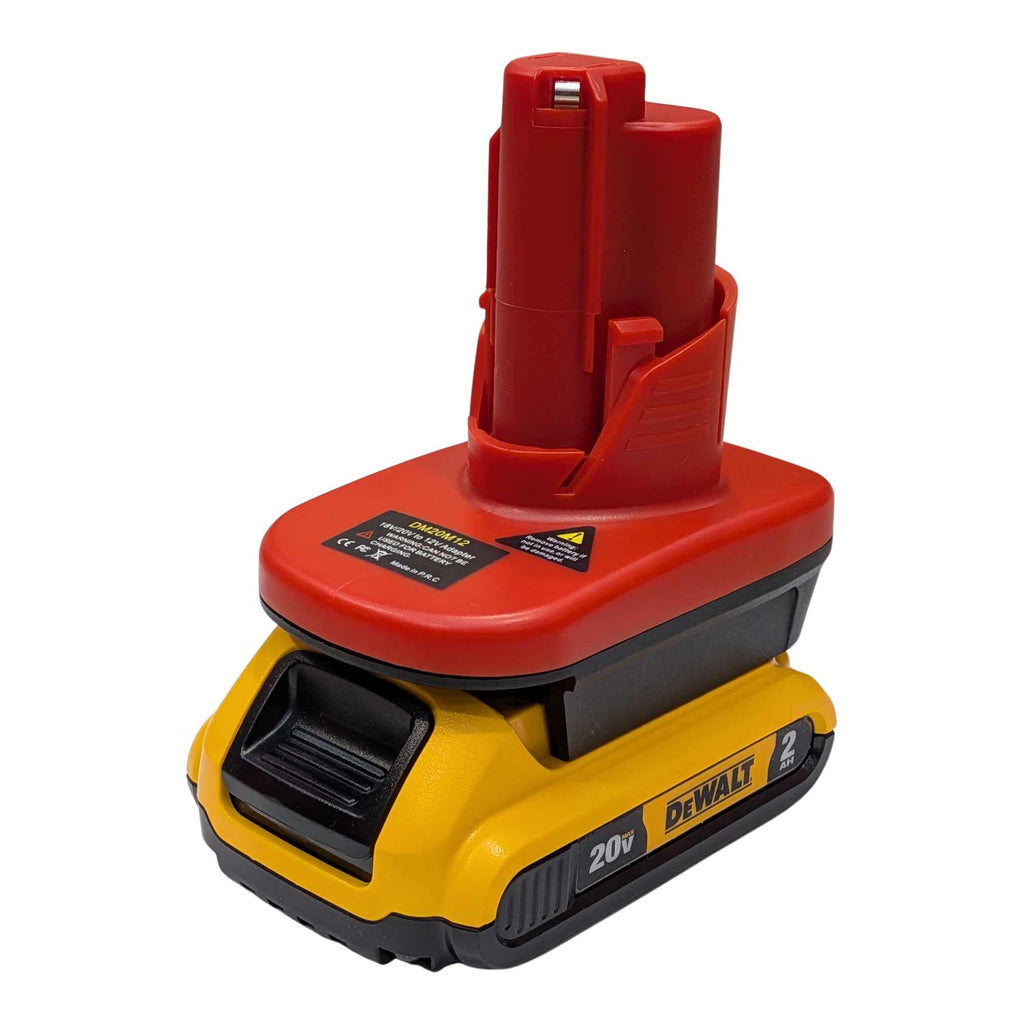 DeWalt 20V MAX to Milwaukee M12 battery adapter - fitted to the DeWalt 20V MAX battery, Milwaukee tool-side stem upward