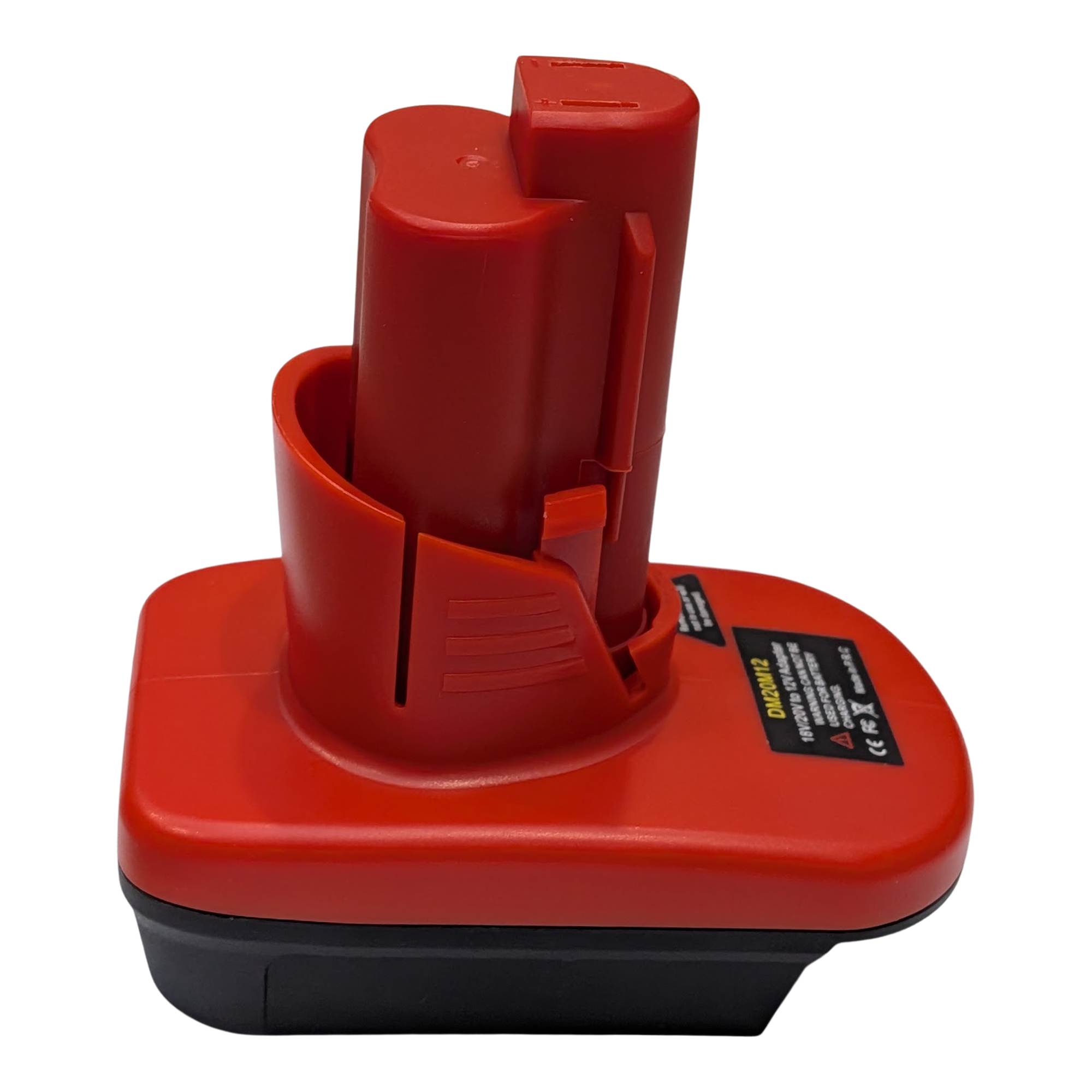 DeWalt 20V MAX to Milwaukee M12 battery adapter - front angle view, tool-side stem above the body and printed label