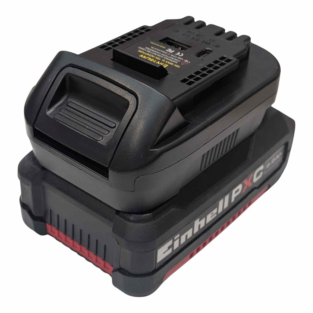Einhell 18V PXC to DeWalt 20V MAX battery adapter - fitted to the battery, tool-side face and USB ports upward