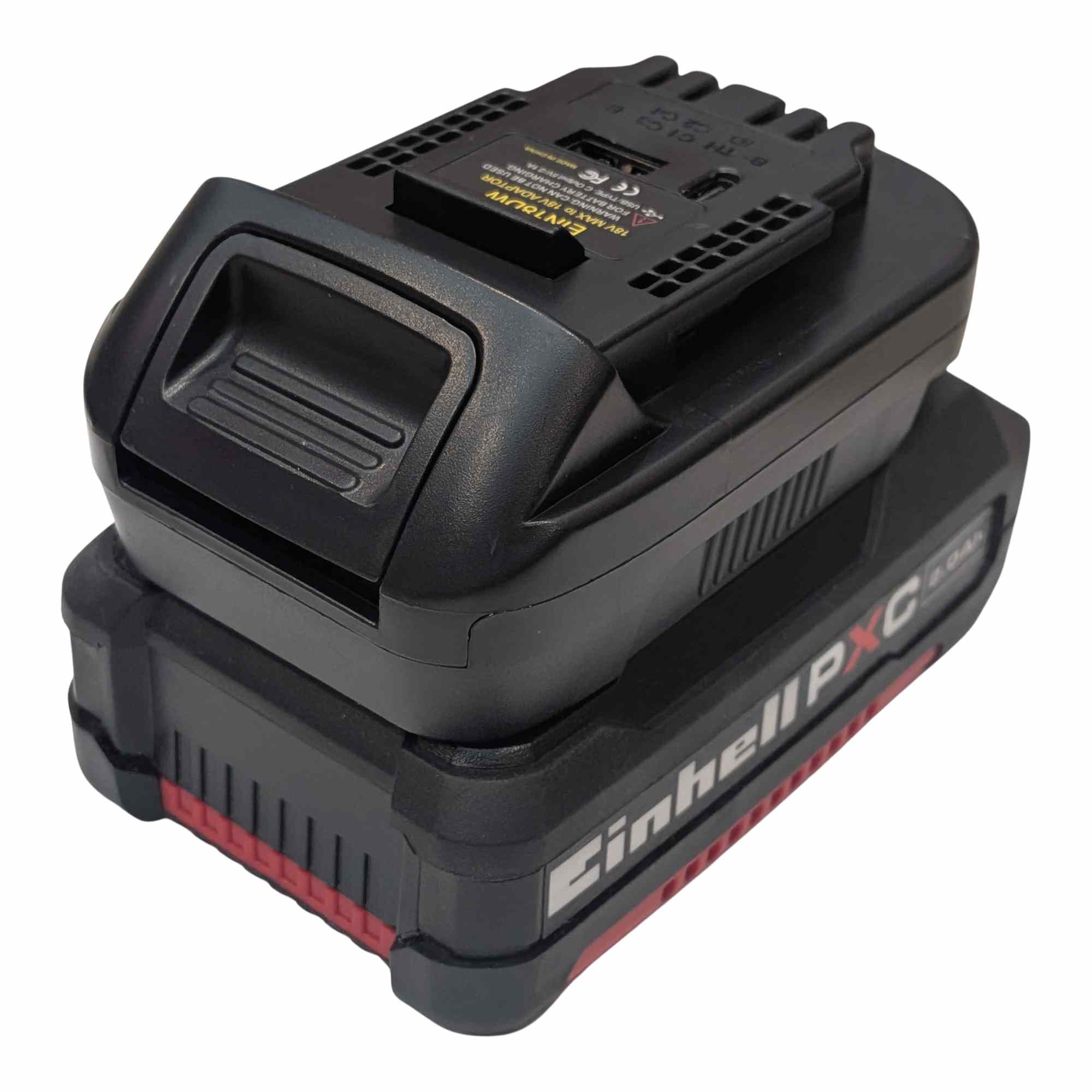 Einhell 18V PXC to DeWalt 20V MAX battery adapter - fitted to the battery, tool-side face and USB ports upward