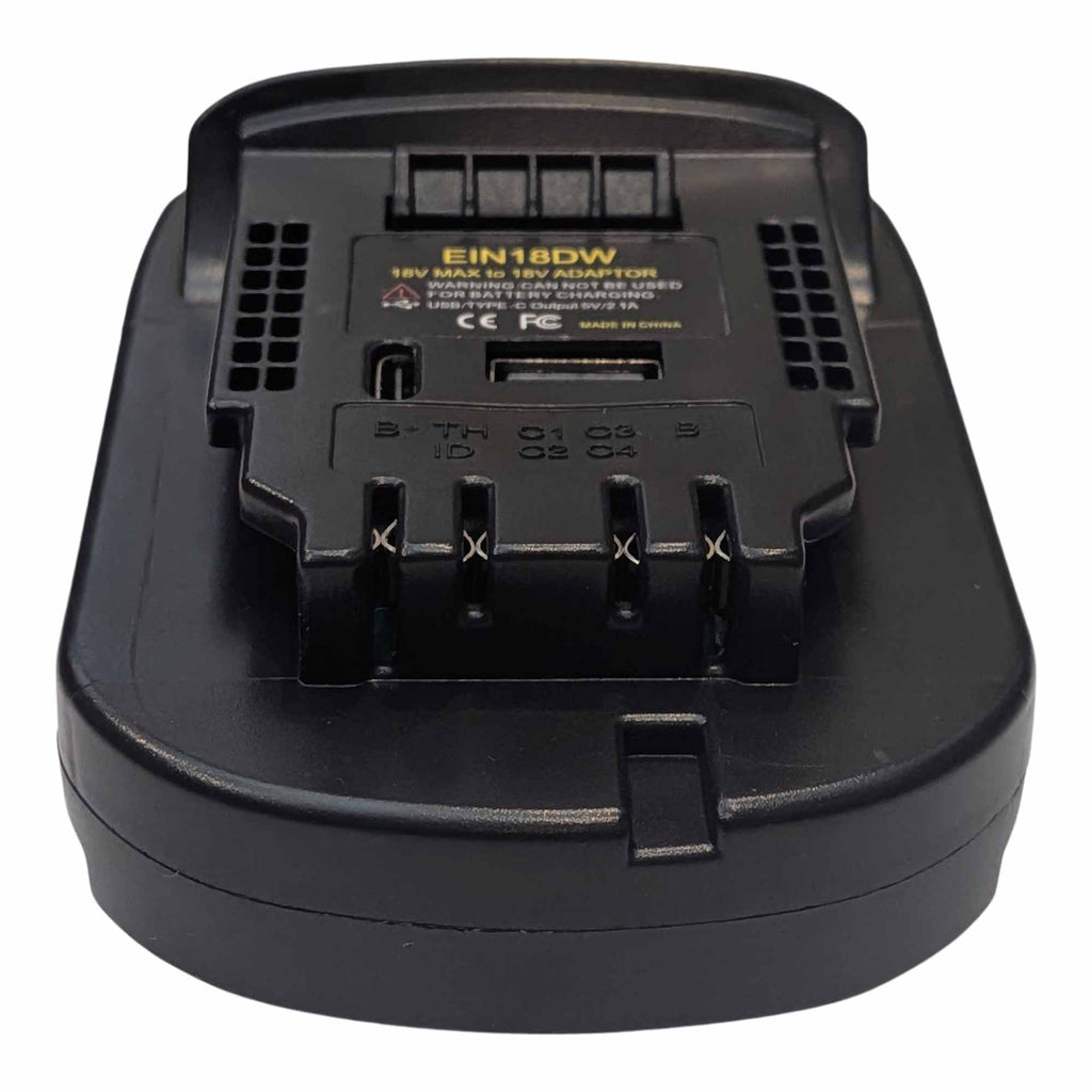 Einhell 18V PXC to DeWalt 20V MAX battery adapter - DeWalt tool-side connection with four contact slots and the USB ports
