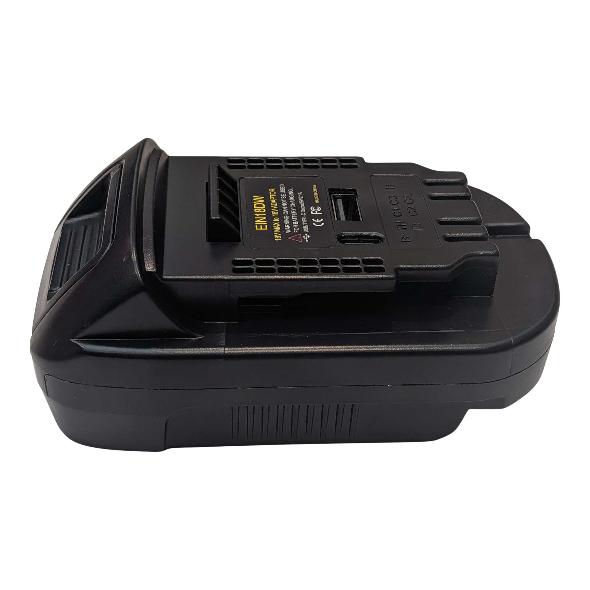 Einhell 18V PXC to DeWalt 20V MAX battery adapter - side view, DeWalt tool-side connection and USB ports on the upper face