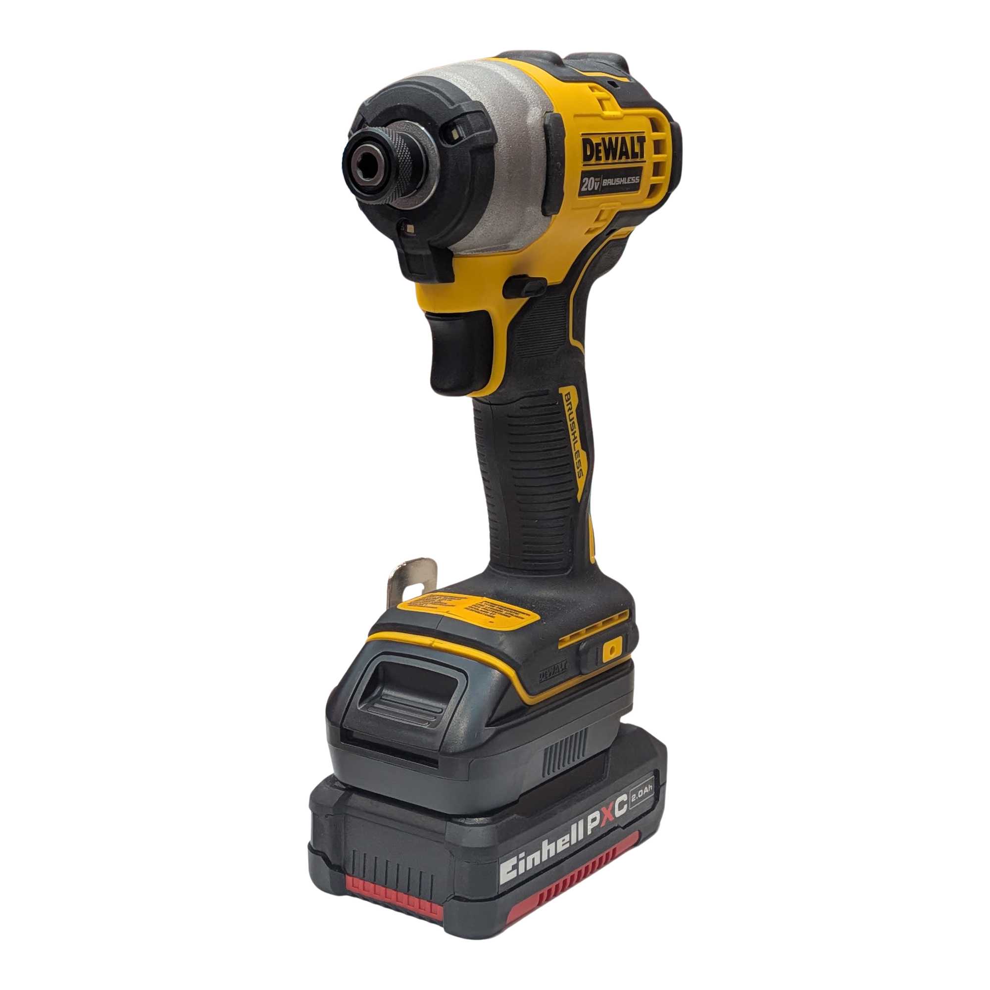 Einhell 18V PXC to DeWalt 20V MAX battery adapter - installed on an impact driver and fitted to the battery pack