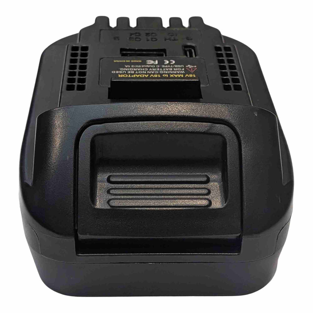 Einhell 18V PXC to DeWalt 20V MAX battery adapter - front view with the ribbed grip recess, tool-side connection above