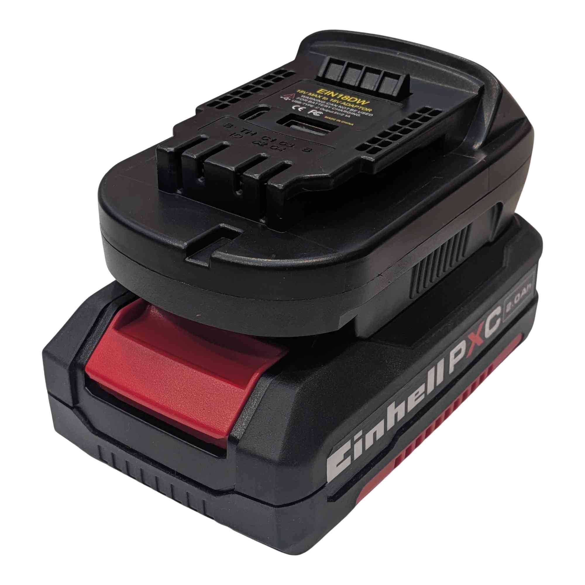 Einhell 18V PXC to DeWalt 20V MAX battery adapter - fitted to the battery, tool-side face and USB ports upward