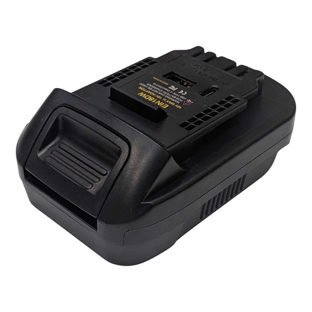 Einhell 18V PXC to DeWalt 20V MAX battery adapter - DeWalt tool-side connection and USB ports, angled from above