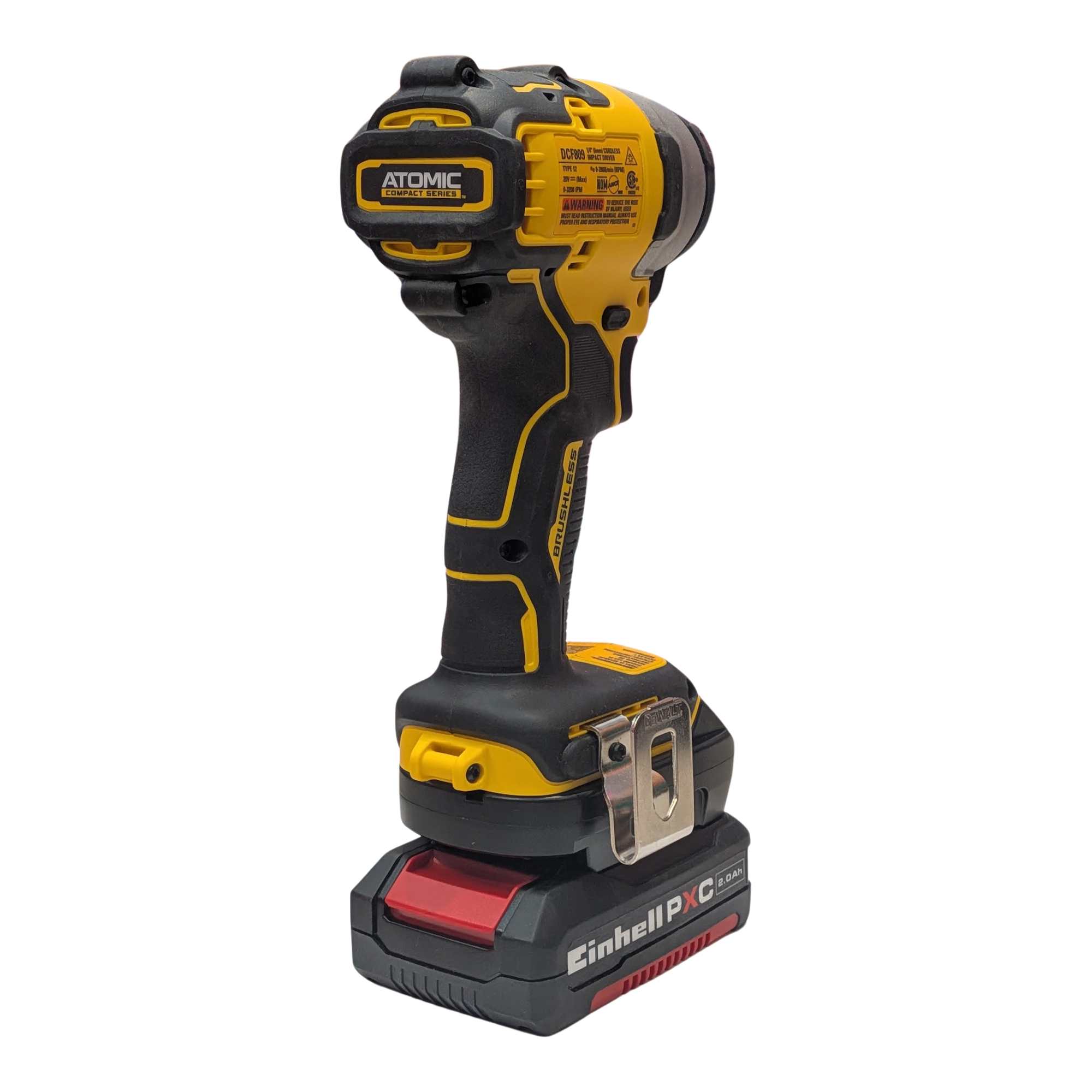 Einhell 18V PXC to DeWalt 20V MAX battery adapter - installed on an impact driver and fitted to the battery pack
