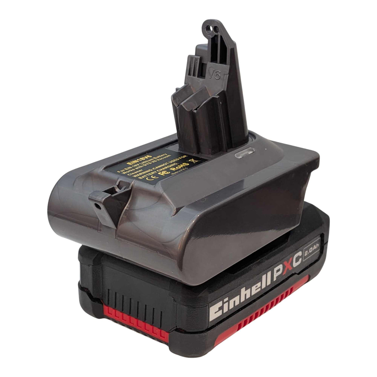 Einhell 18V PXC to Dyson V6 battery adapter: Battery on Adapter, Right