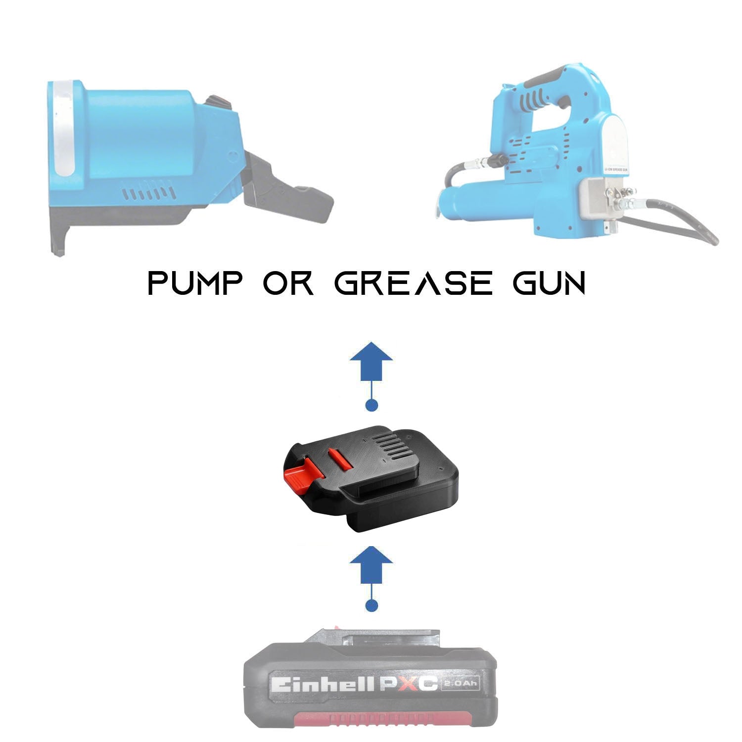 Einhell 18V PXC to MacNaught 18V battery adapter - compatibility diagram showing battery, adapter and pump or grease gun