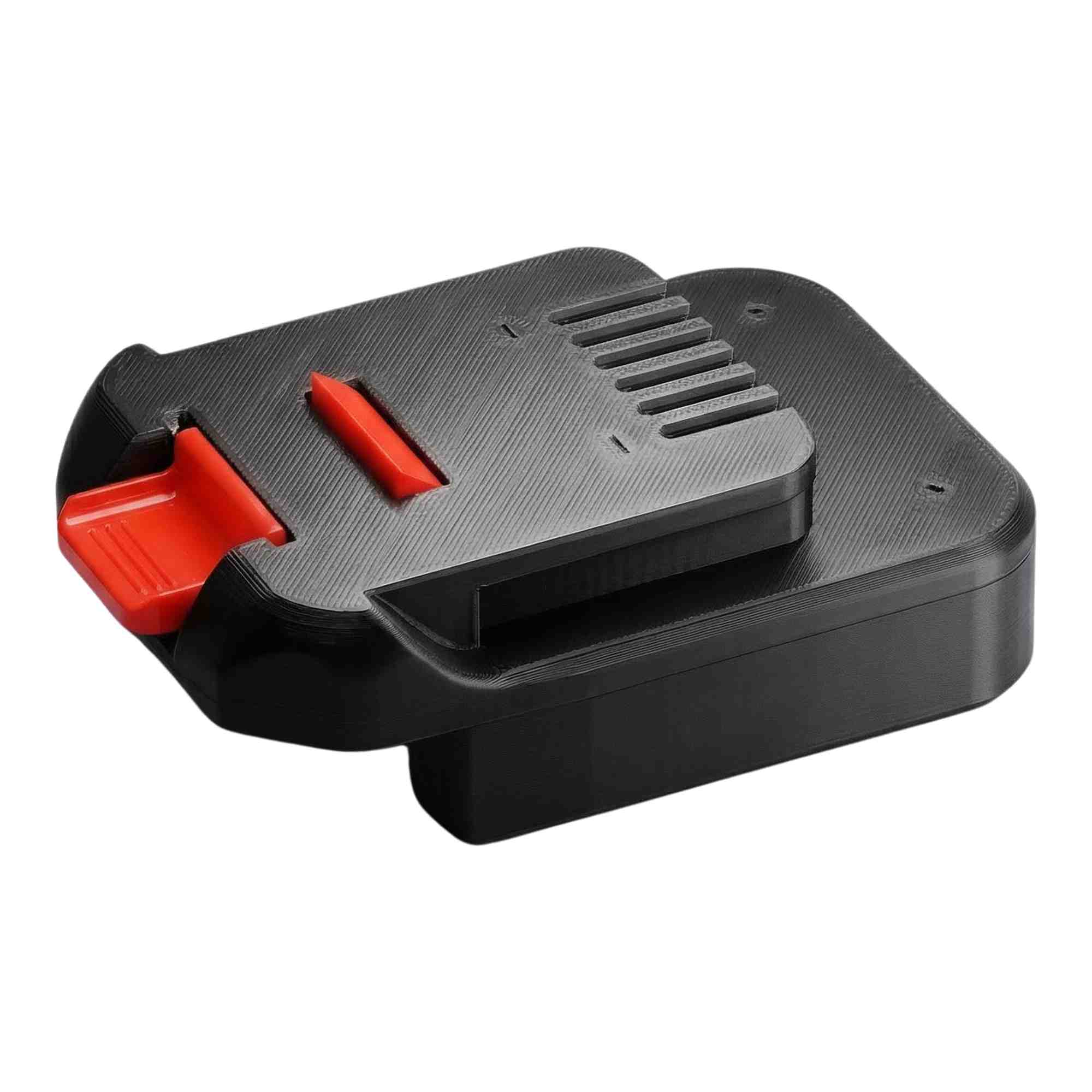 Einhell 18V PXC to MacNaught 18V battery adapter - MacNaught tool-side face, red release catch and terminal slots