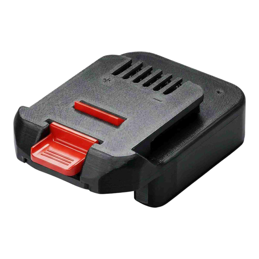Einhell 18V PXC to MacNaught 18V battery adapter - MacNaught tool-side face, red release catch and terminal slots