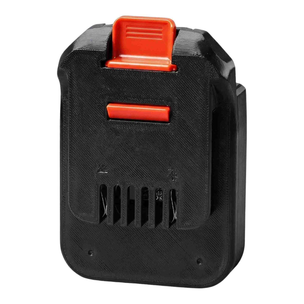 Einhell 18V PXC to MacNaught 18V battery adapter - MacNaught tool-side face, terminal slots with moulded + and - marks