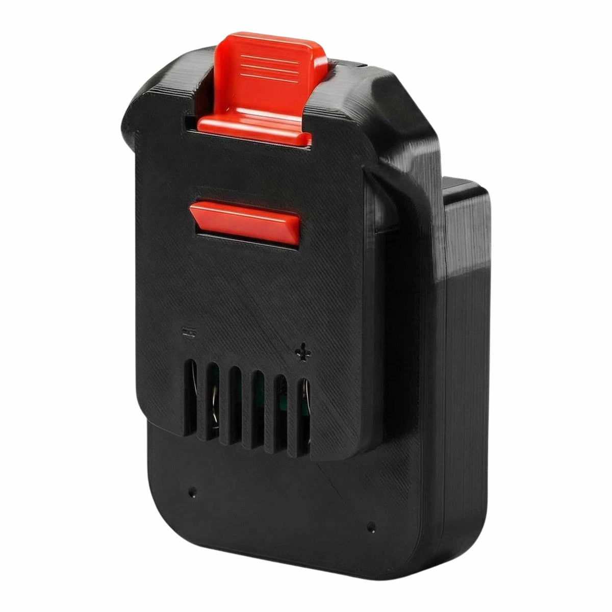 Einhell 18V PXC to MacNaught 18V battery adapter - MacNaught tool-side face, terminal slots with moulded + and - marks