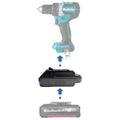 Einhell 18V PXC to Makita 18V LXT battery adapter - compatibility diagram showing battery, adapter and drill driver