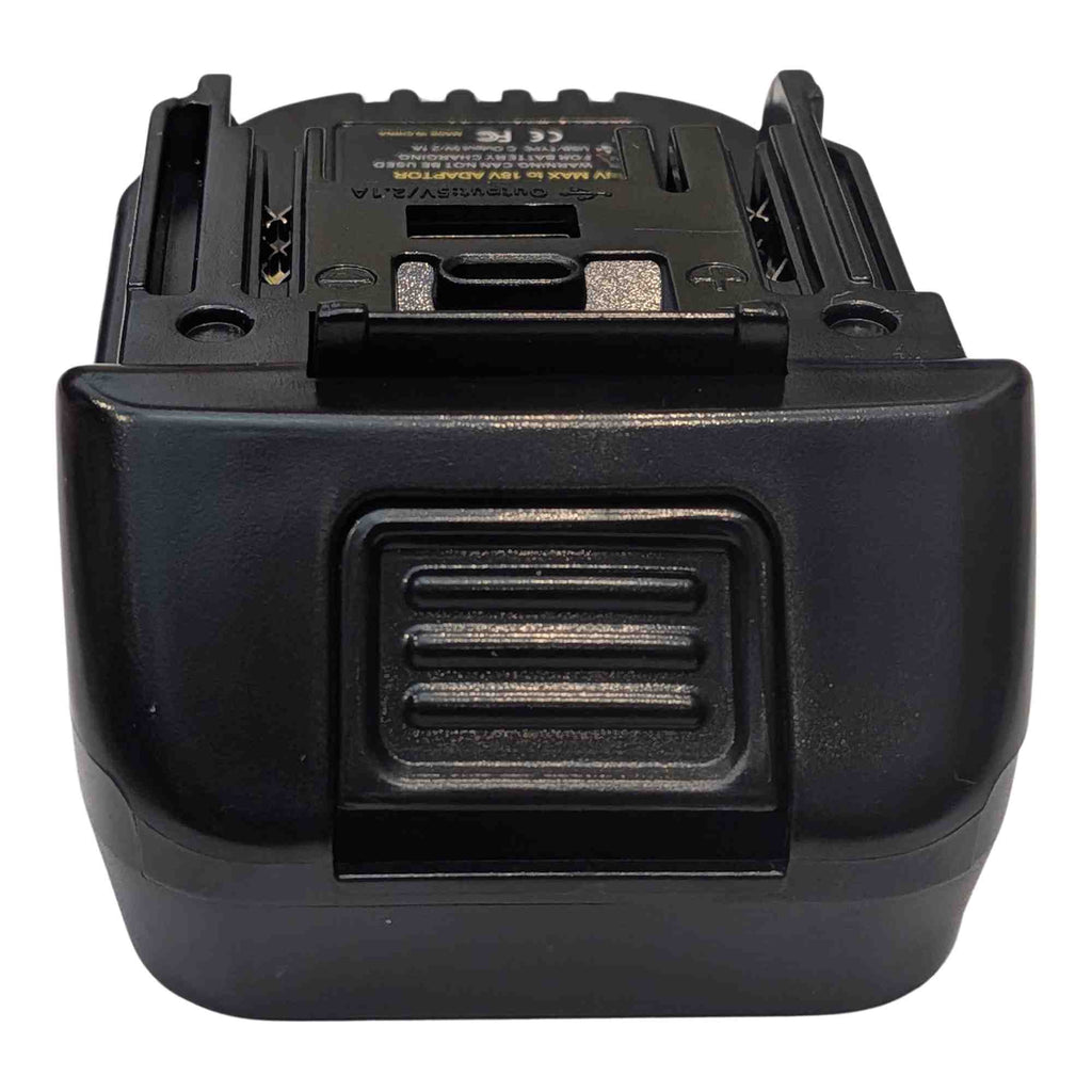 Einhell 18V PXC to Makita 18V LXT battery adapter - front view, ribbed panel below the Makita tool-side connection