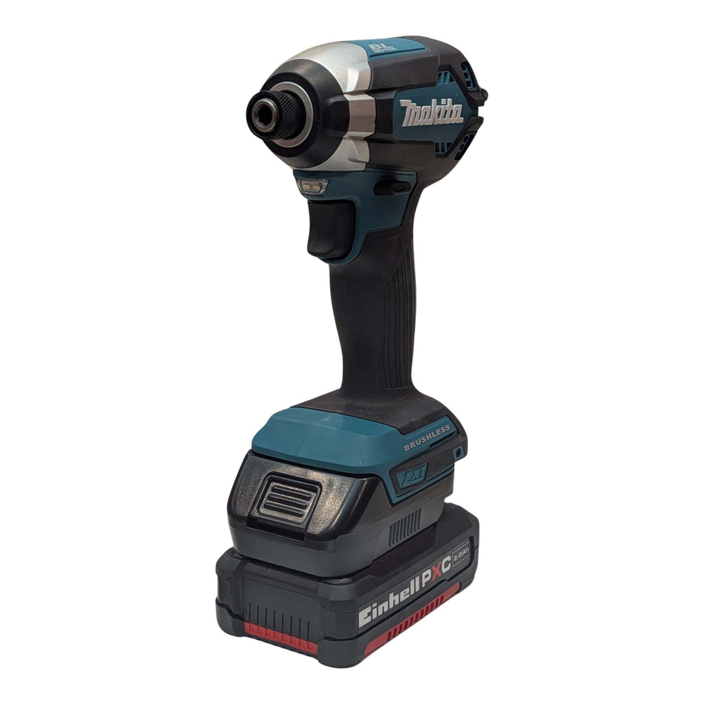 Einhell 18V PXC to Makita 18V LXT battery adapter - front view installed on a Makita impact driver over the battery pack