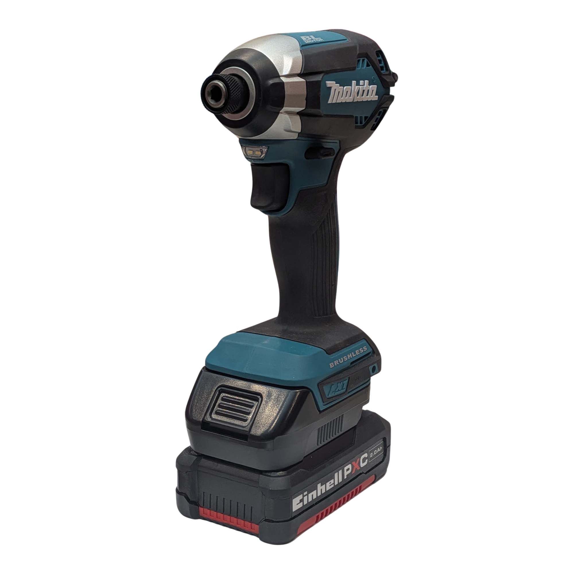 Einhell 18V PXC to Makita 18V LXT battery adapter - front view installed on a Makita impact driver over the battery pack