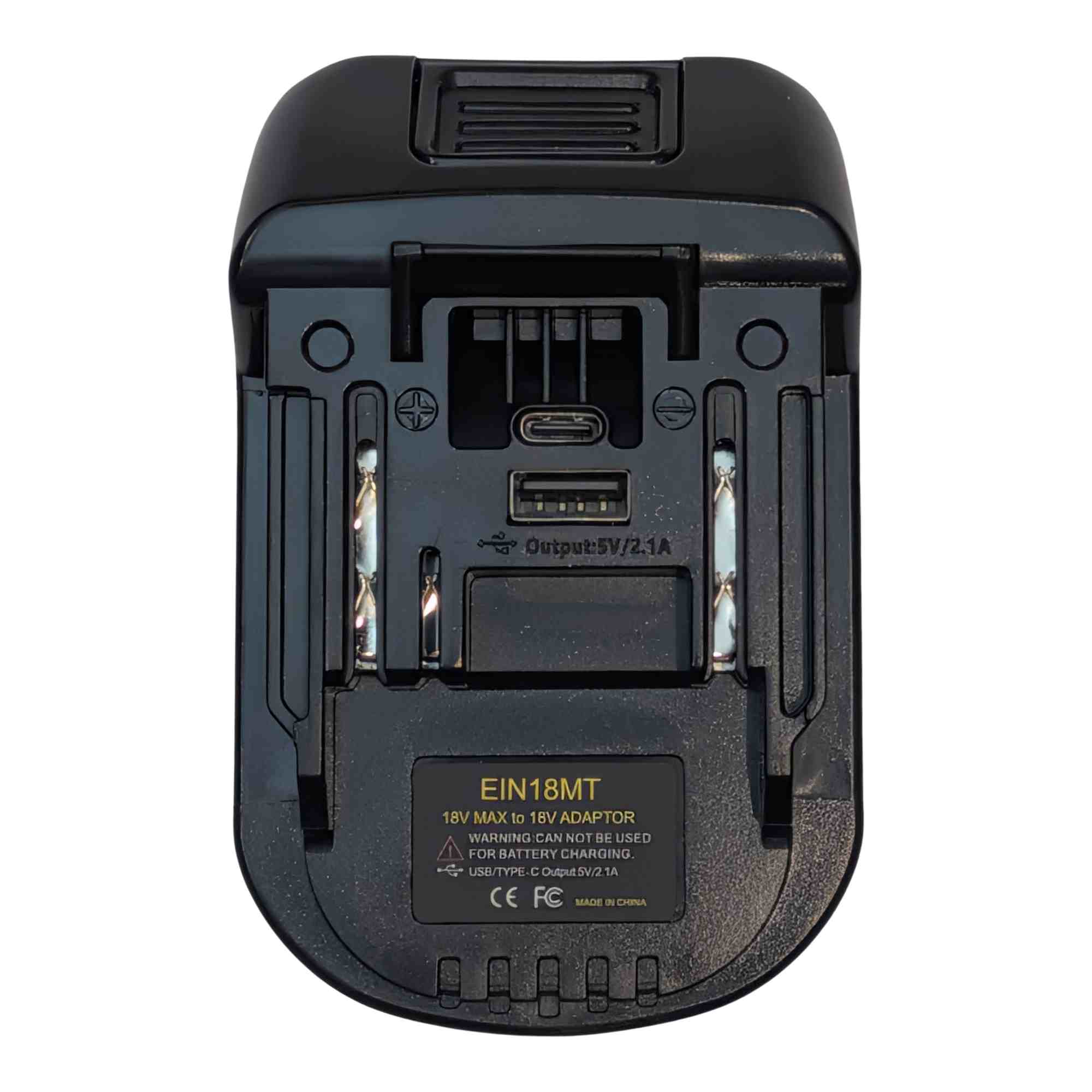 Einhell 18V PXC to Makita 18V LXT battery adapter - Makita tool-side connection, USB-A and USB-C ports and spring clips