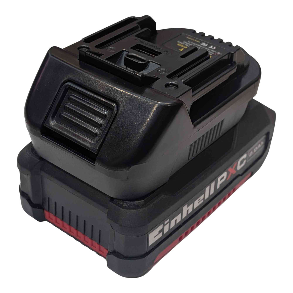 Einhell 18V PXC to Makita 18V LXT battery adapter - fitted to the Einhell 18V PXC battery, Makita tool-side connection upward