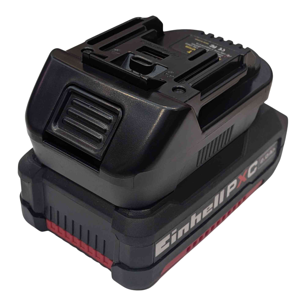 Einhell 18V PXC to Makita 18V LXT battery adapter - fitted to the Einhell 18V PXC battery, Makita tool-side connection upward