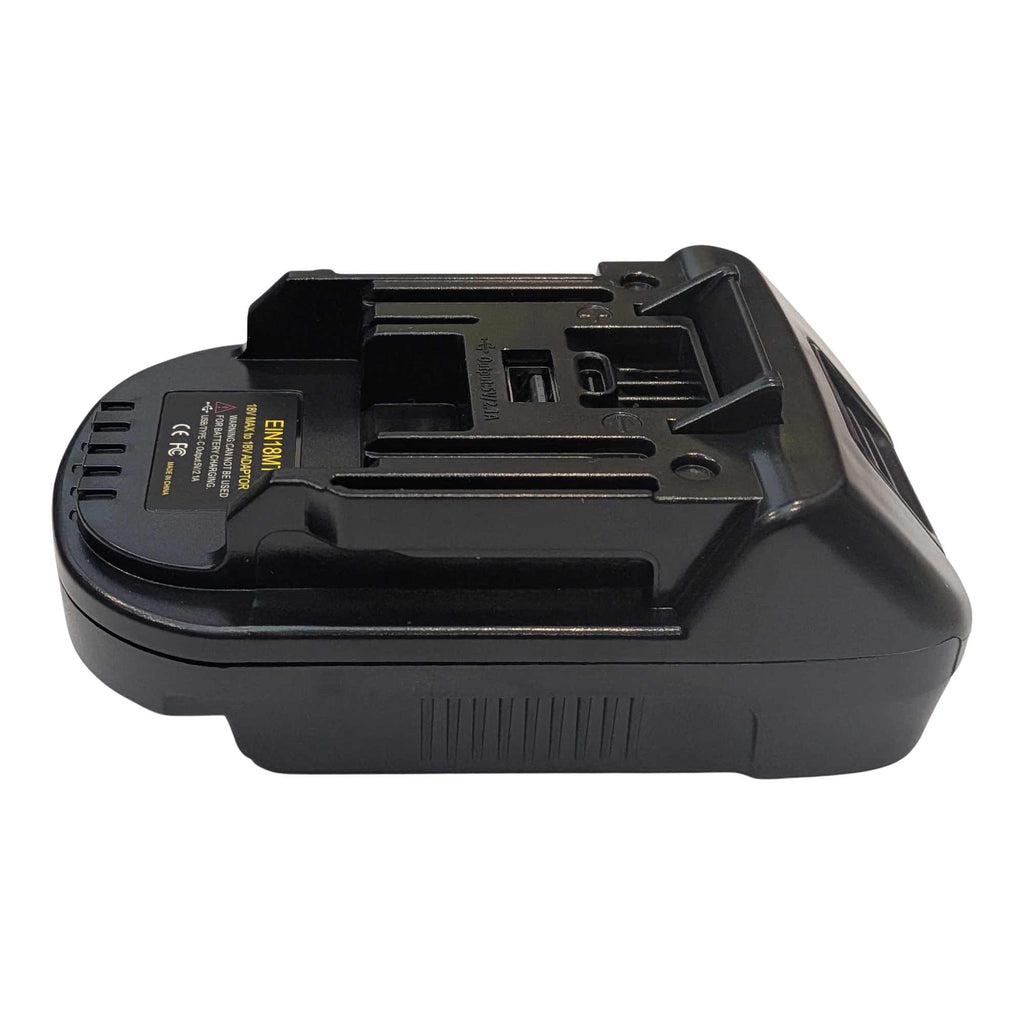 Einhell 18V PXC to Makita 18V LXT battery adapter - Makita tool-side connection, side profile with the spec label