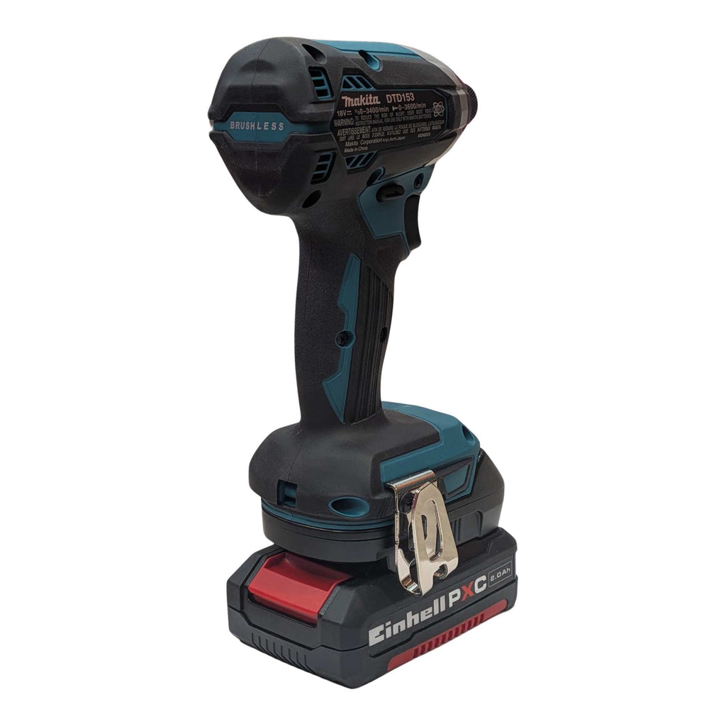 Einhell 18V PXC to Makita 18V LXT battery adapter - rear view installed on a Makita impact driver over the battery pack