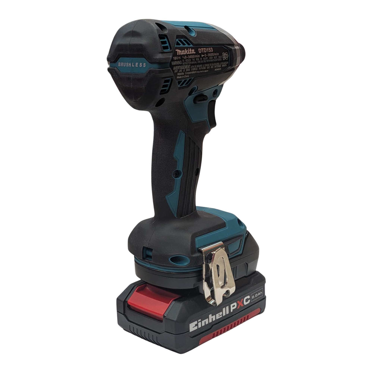 Einhell 18V PXC to Makita 18V LXT battery adapter - rear view installed on a Makita impact driver over the battery pack