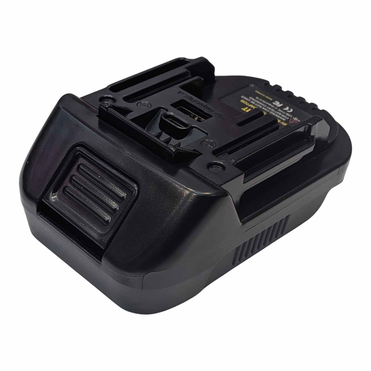 Einhell 18V PXC to Makita 18V LXT battery adapter - Makita tool-side connection, angled top view with the side vents