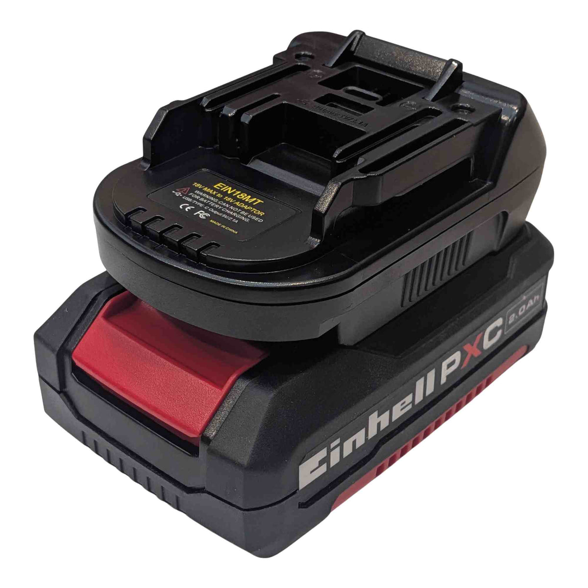 Einhell 18V PXC to Makita 18V LXT battery adapter - fitted to the Einhell 18V PXC battery, Makita tool-side connection upward