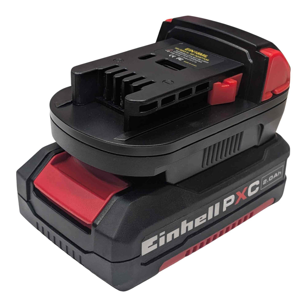 Einhell 18V PXC to Milwaukee M18 battery adapter - fitted to the Einhell 18V PXC battery, tool-side face and USB ports upward