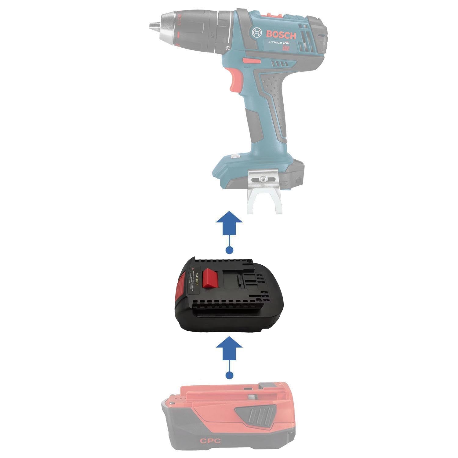 Hilti 22V to Bosch 18V GBA (Blue) battery adapter - compatibility diagram showing battery, adapter and drill driver