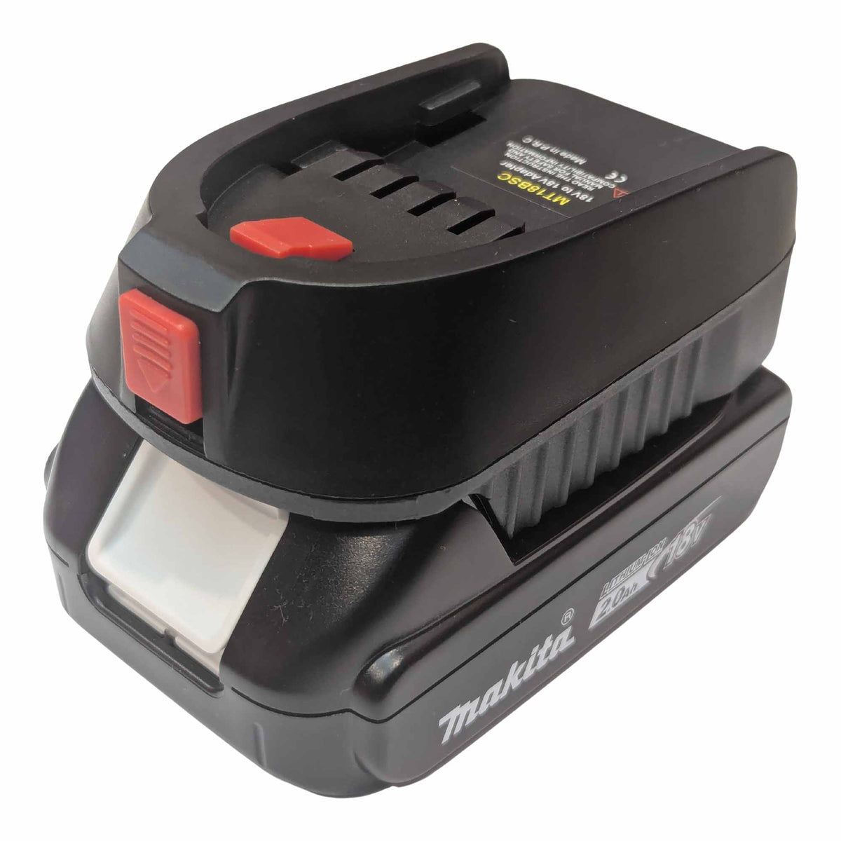 Makita 18V LXT to Bosch 18V PBA (Green) battery adapter - fitted to the battery, Bosch tool-side connection uppermost