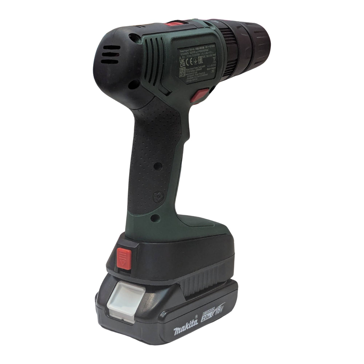 Makita 18V LXT to Bosch 18V PBA (Green) battery adapter - installed on a cordless drill with the battery fitted below