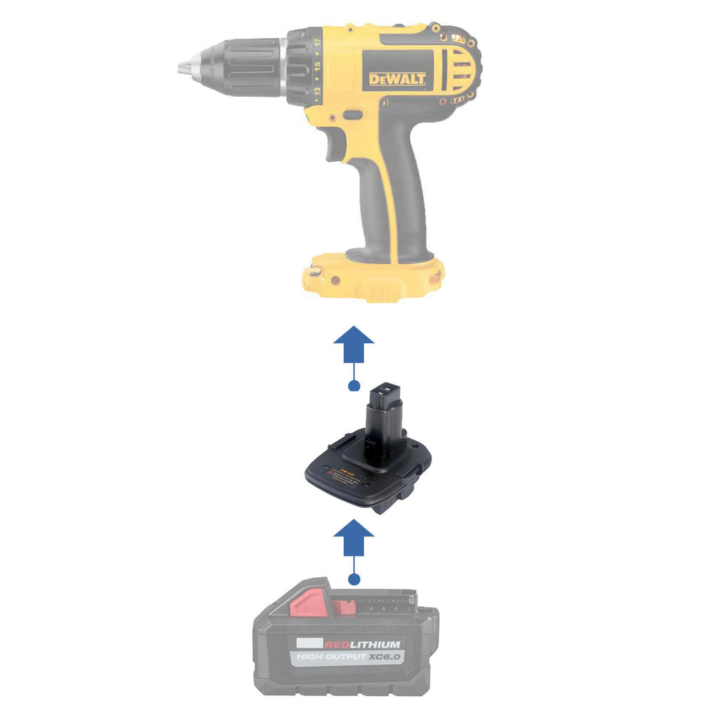Milwaukee M18 to DeWalt 18V Ni-Cd battery adapter - compatibility diagram showing battery, adapter and drill