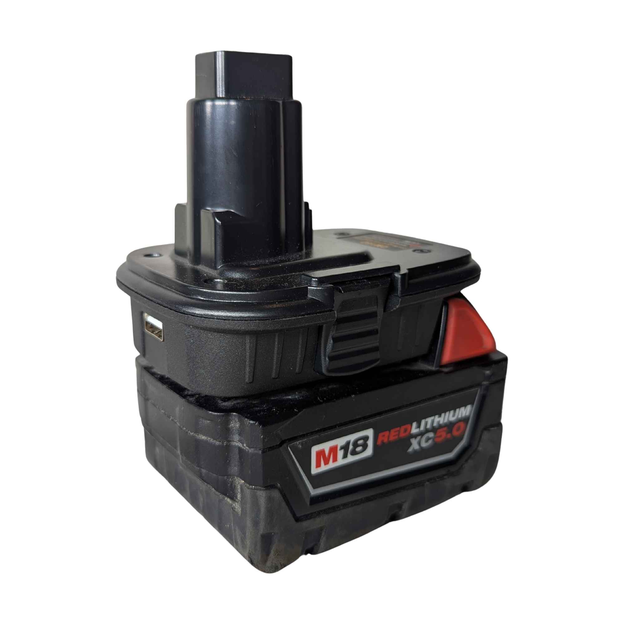 Milwaukee M18 to DeWalt 18V Ni-Cd battery adapter - fitted to the Milwaukee M18 battery, USB port on the side face