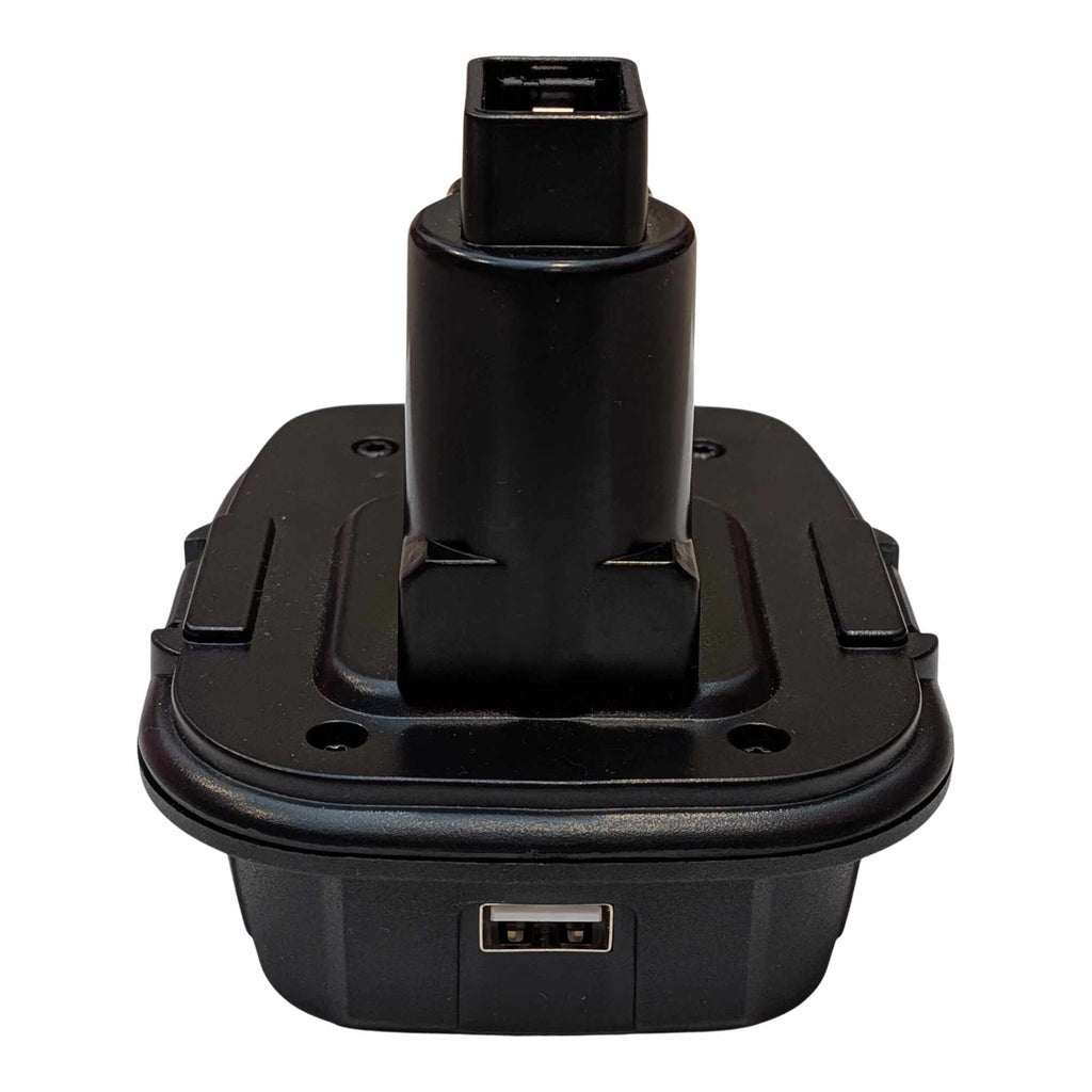 Milwaukee M18 to DeWalt 18V Ni-Cd battery adapter - rear view, tool-side post above the body and a USB-A port below