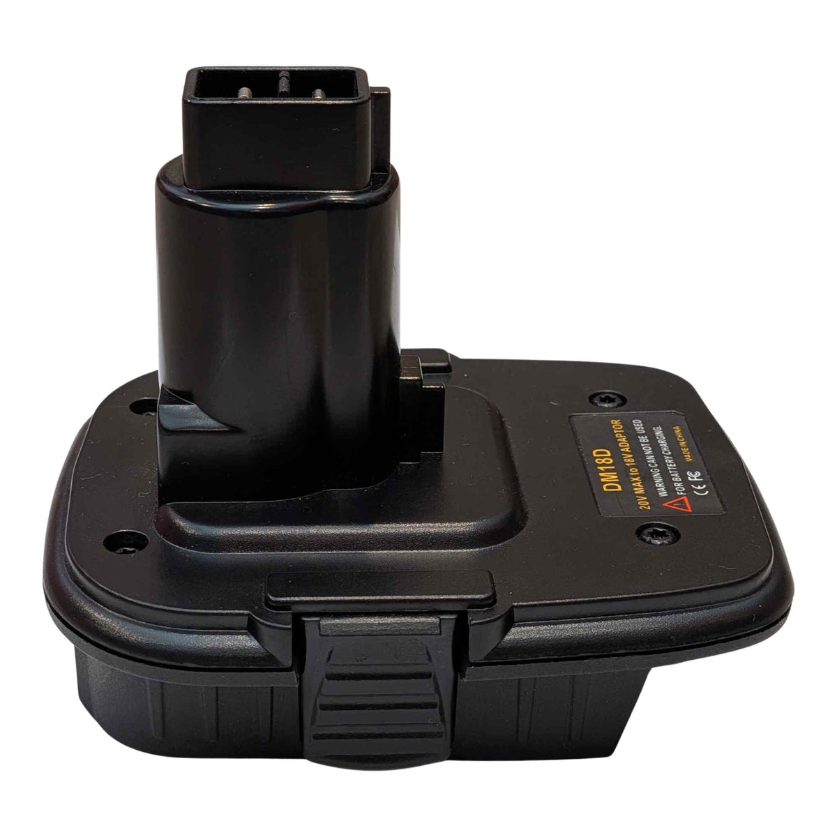 Milwaukee M18 to DeWalt 18V Ni-Cd battery adapter - rear angle, tool-side post above the body, warning label alongside
