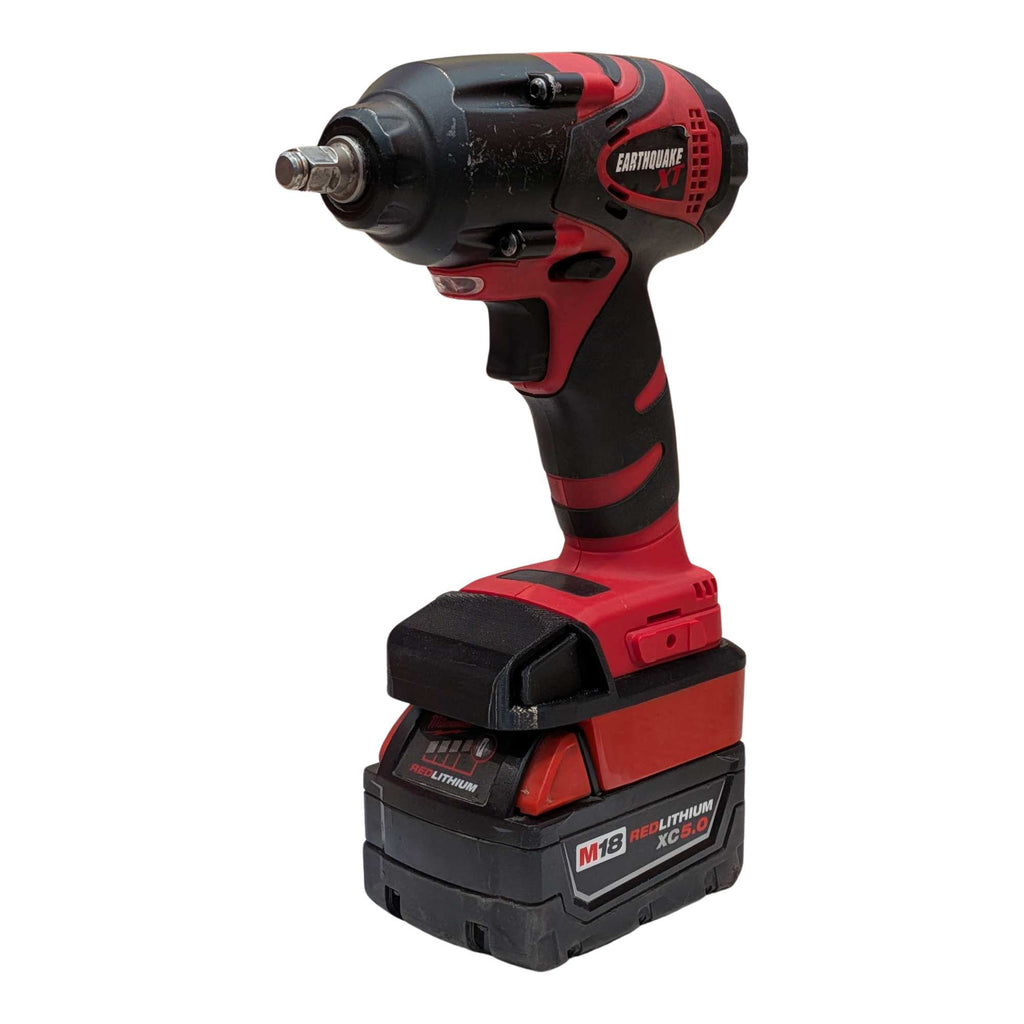 Milwaukee M18 to Earthquake 20V XT battery adapter - installed on an impact wrench with the battery pack fitted below - side