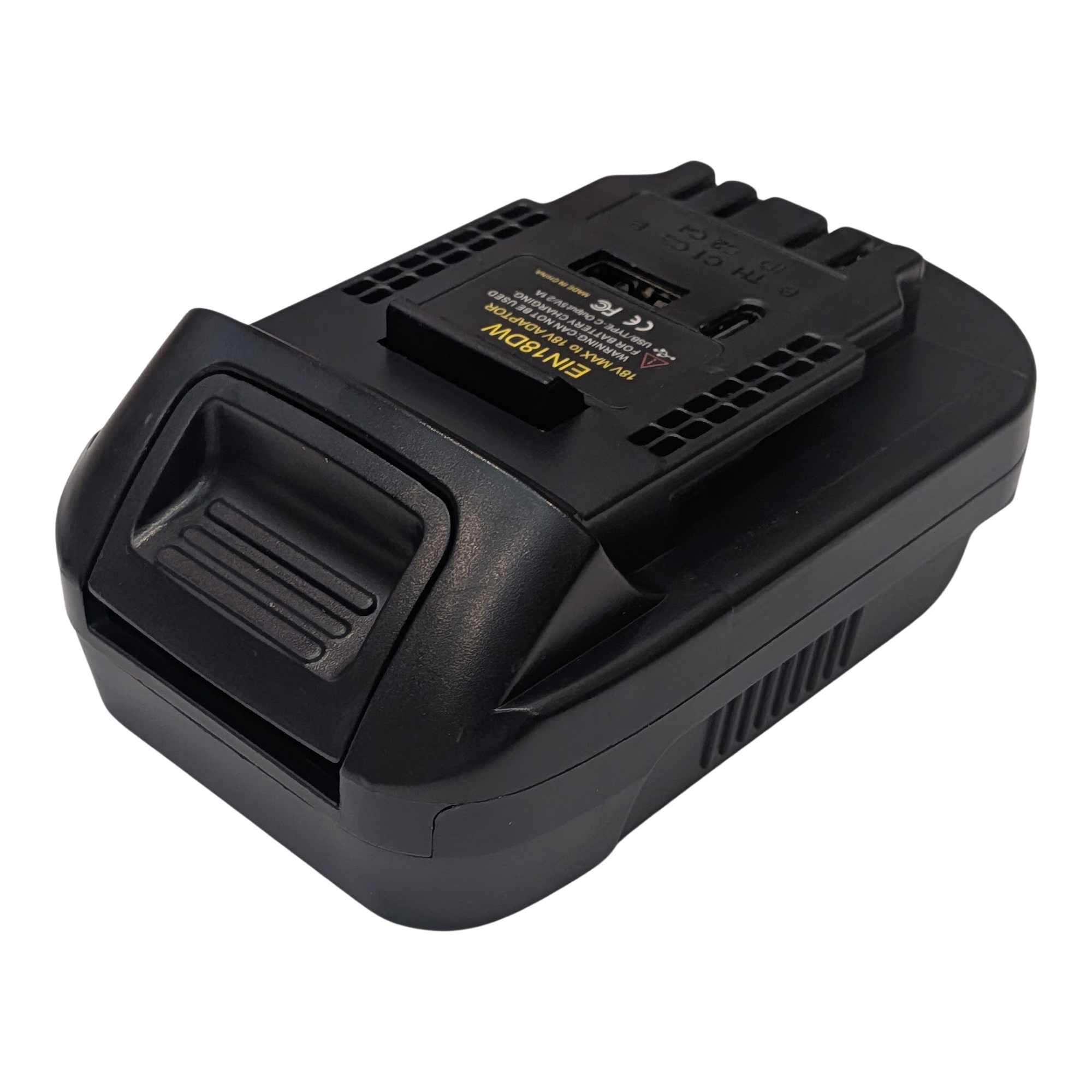 Ozito 18V PXC to DeWalt 20V MAX battery adapter - angled view of the DeWalt tool-side connection with USB-A and USB-C ports