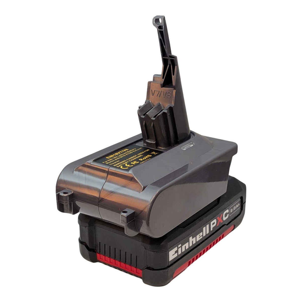 Einhell 18V PXC to Dyson V7 battery adapter: Battery on Adapter, Right