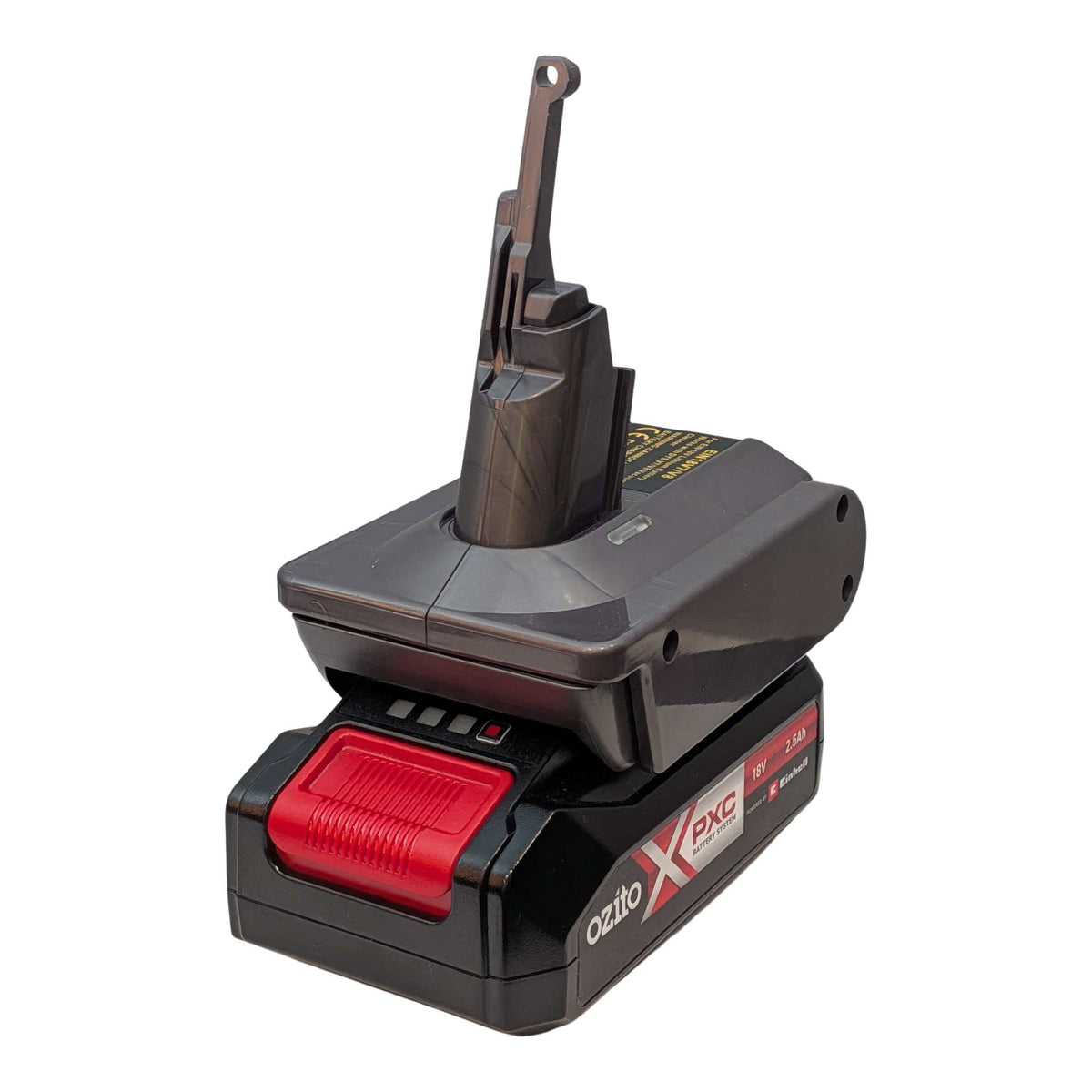 Ozito 18V PXC to Dyson V7 battery adapter: Battery on Adapter, Left
